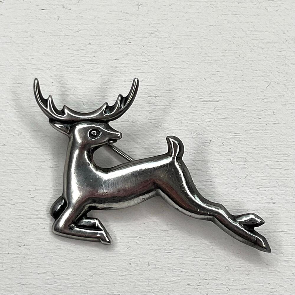 Vintage Mid Century Mexico 925 Sterling Silver Leaping Deer Stag Brooch Pin - Picture 2 of 10
